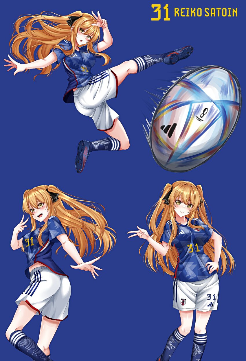 1girl :d ao_no_kanata_no_four_rhythm ball black_ribbon blonde_hair blue_footwear blue_shirt blue_socks blush breasts character_name closed_mouth commission hair_ribbon hand_on_own_hip highres kicking kneehighs long_hair medium_breasts midriff_peek multiple_views navel open_mouth ribbon rynn_(darknescorez) satouin_reiko second-party_source shirt shoes short_sleeves shorts smile sneakers soccer_ball soccer_uniform socks sportswear teeth upper_teeth_only v white_shorts