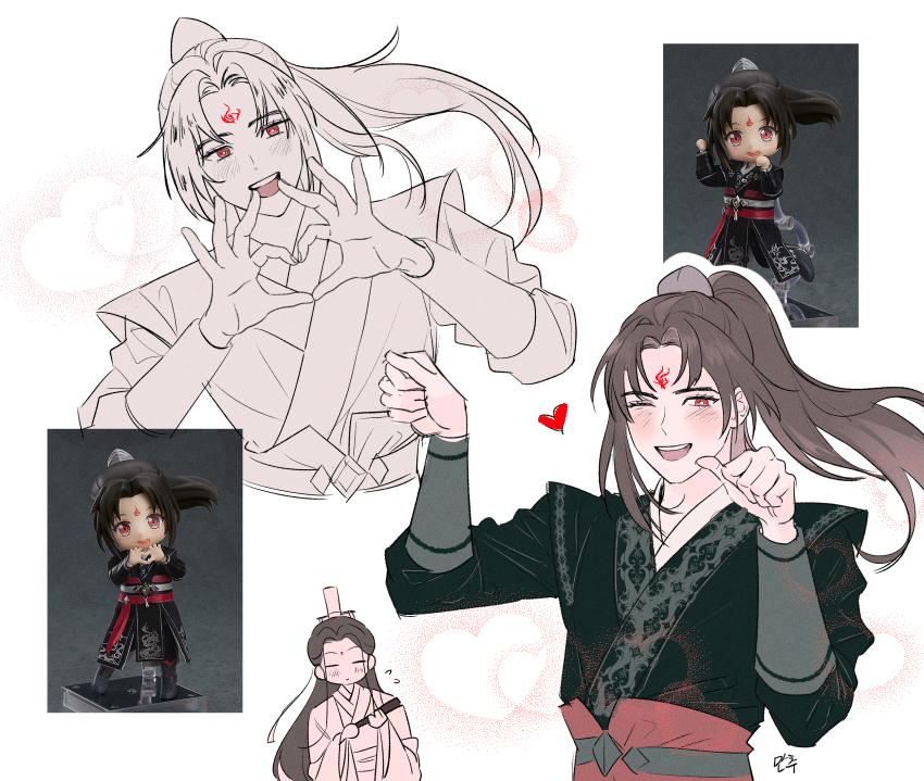 2boys black_hanfu blush brown_hair chinese_clothes closed_eyes flying_sweatdrops folded_fan folding_fan hand_fan hanfu heart heart_hands high_ponytail highres holding holding_fan hum_(s2mhms2) korean_commentary long_sleeves looking_at_viewer luo_binghe male_focus multiple_boys multiple_views one_eye_closed open_mouth ponytail red_sash reference_inset renzha_fanpai_zijiu_xitong sash shen_qingqiu smile teeth upper_body upper_teeth_only wide_sleeves xiao_guan_(headdress) zuiyin