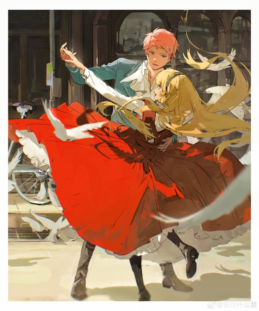 1boy 1girl :d absurdres ascot bicycle bird black_hairband black_pants black_shoes blonde_hair blue_jacket border building chinese_commentary collared_shirt commentary_request dancing day dove drain_(object) dress ensemble_stars! flock full_body furukawa_asagiri hairband hand_on_another&#039;s_hip highres humanization itsuki_shu jacket long_hair long_sleeves looking_at_another mademoiselle_(ensemble_stars!) open_collar open_mouth pants parted_lips pinafore_dress pink_hair purple_eyes red_dress road school_uniform shirt shoes short_bangs short_hair sleeveless sleeveless_dress smile street white_ascot white_border white_shirt yumenosaki_school_uniform