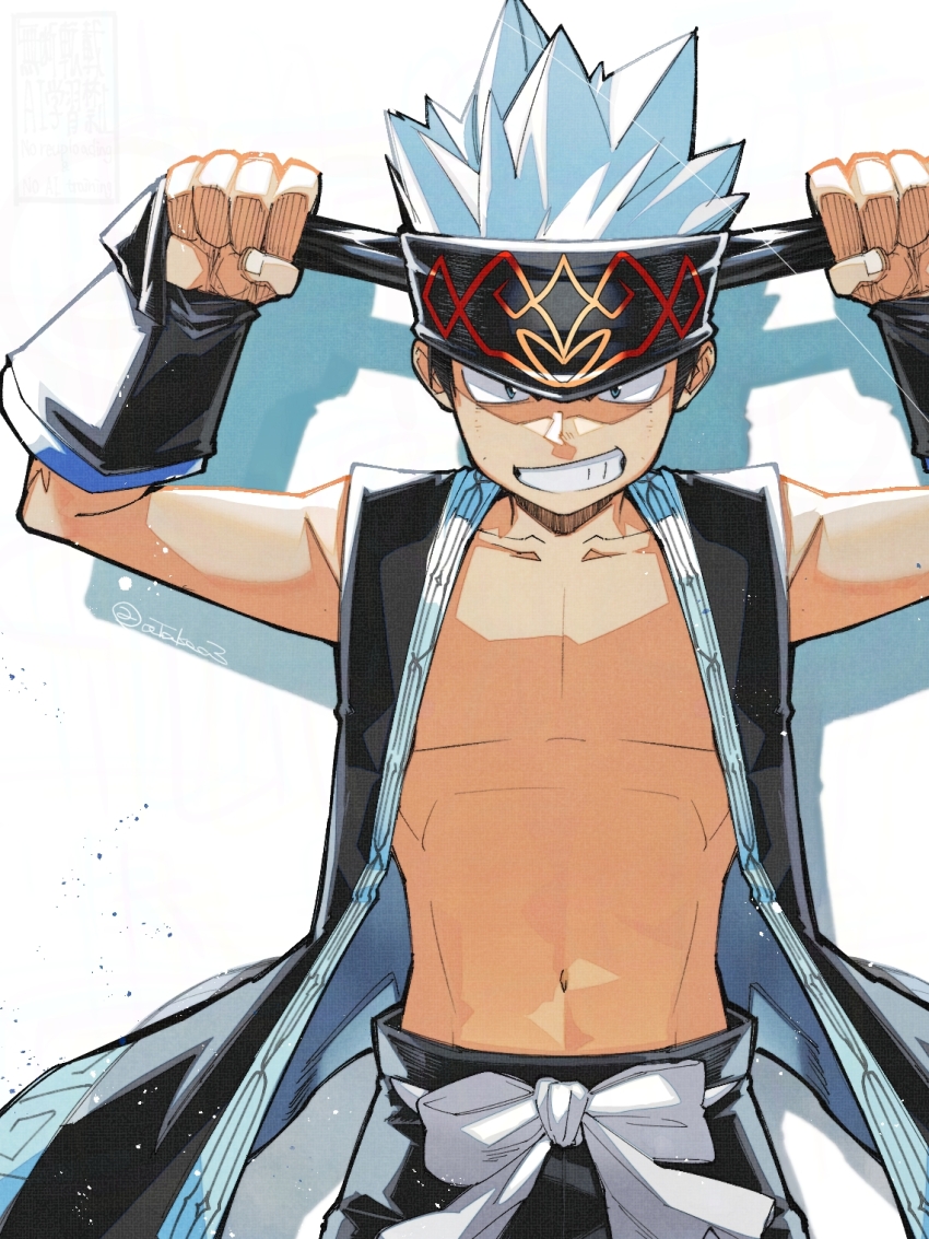 1boy black_coat black_headband blue_eyes blue_hair coat cowboy_shot headband highres ice male_focus muscular muscular_male no_shirt parted_lips shaman_king sleeveless sleeveless_coat smirk solo takeuchi_(a3) usui_horokeu
