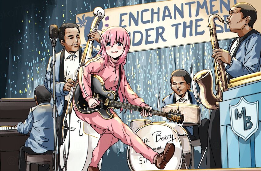 4boys back_to_the_future bocchi_the_rock! dark-skinned_male dark_skin drum english_text gotoh_hitori instrument jacket multiple_boys music pants piano pink_hair pink_jacket pink_pants pink_track_suit playing_guitar playing_instrument saxophone scene_reference torako_(toramaru) track_suit
