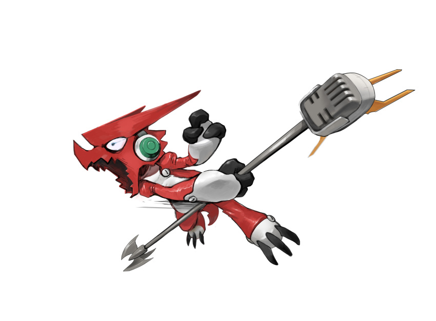 absurdres bolt_(hardware) colored_skin digimon digimon_(creature) dilated_pupils dragon fins head_fins headphones highres holding holding_microphone kurosoi7 microphone open_mouth red_skin shoutmon simple_background solo swinging white_background