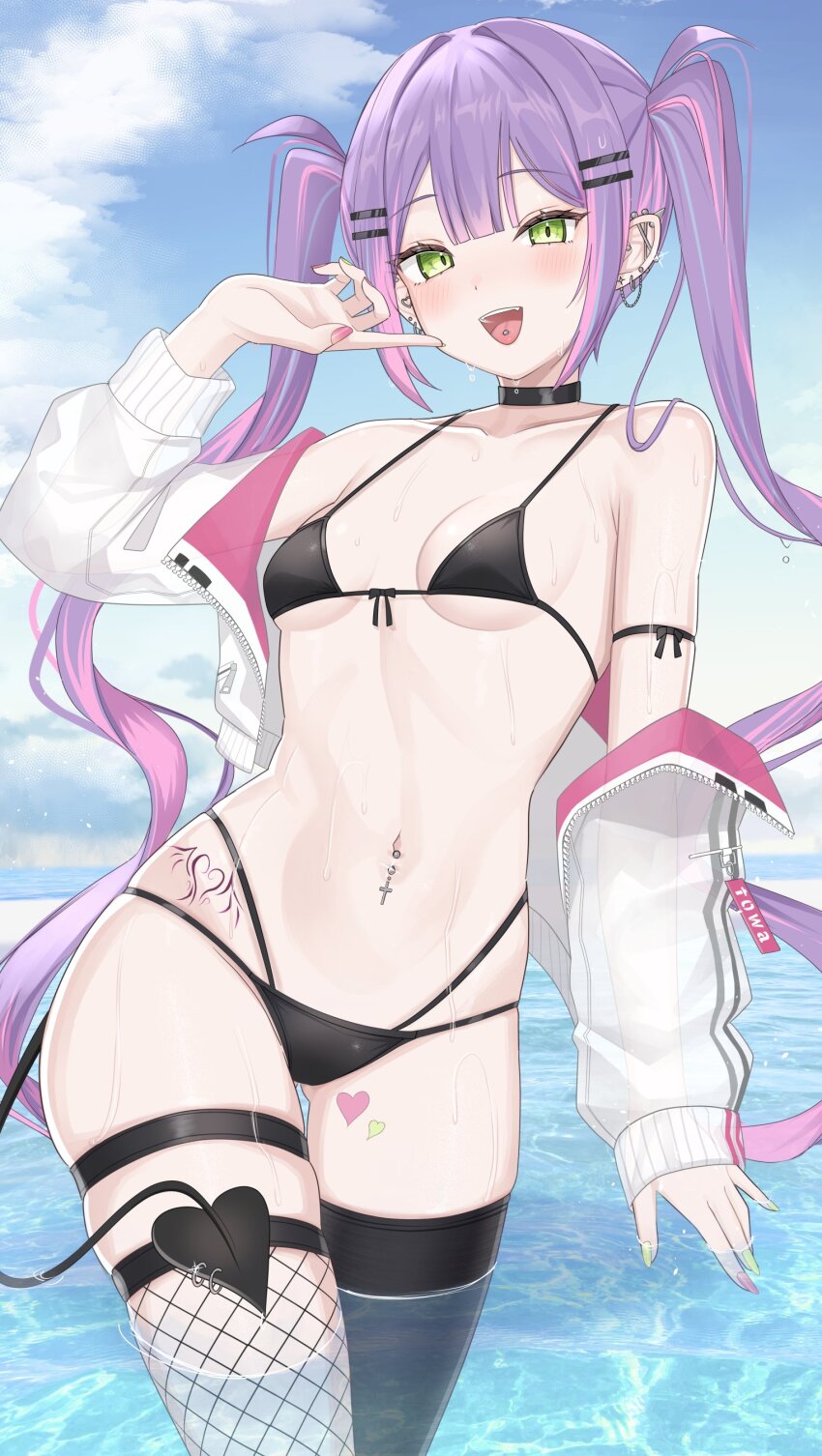 1girl :p absurdres asymmetrical_legwear barbell_piercing bikini black_bikini black_choker black_thighhighs blue_sky breasts center-flap_bangs chain chain_earrings choker cloud colored_inner_hair cropped_jacket day demon_girl demon_tail double-parted_bangs ear_piercing earrings fishnet_thighhighs fishnets front-tie_bikini_top front-tie_top gluteal_fold green_eyes green_nails hair_ornament hairclip highres hip_tattoo hololive industrial_piercing jacket jacket_partially_removed jewelry long_hair looking_at_viewer mismatched_legwear multicolored_hair nail_polish navel navel_piercing ocean open_mouth outdoors parallel_hairclips piercing pink_hair pink_nails pointy_ears purple_hair single_sleeve_past_wrist sky small_breasts solo spiked_ear_piercing stomach streaked_hair swimsuit tail tail_ornament tail_piercing tattoo thigh_strap thighhighs tojo_aoi tokoyami_towa tongue tongue_out tongue_piercing twintails virtual_youtuber wading wet white_jacket winged_heart winged_heart_tattoo