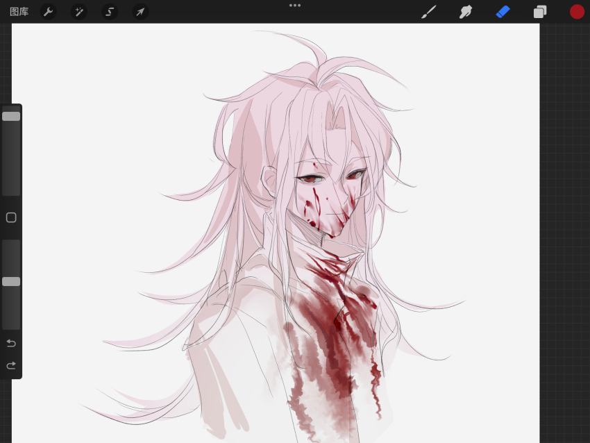 1boy antenna_hair art_program_in_frame blood blood_on_clothes blood_on_face c8h11o2n chinese_commentary closed_mouth commentary_request hatsutori_hajime highres jacket long_hair long_sleeves male_focus parted_bangs pink_hair procreate_(medium) procreate_(software) red_eyes saibou_shinkyoku simple_background smile solo upper_body variant_set white_background white_jacket
