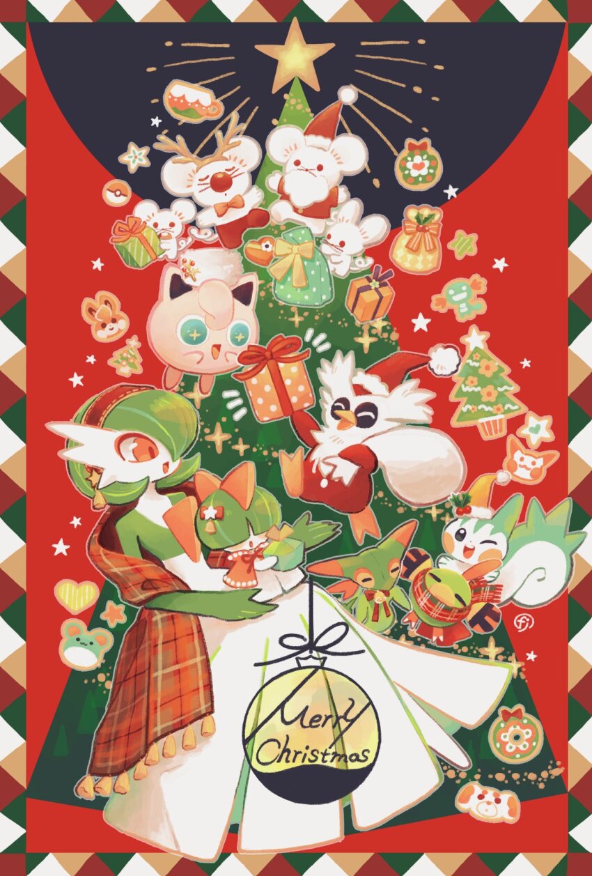 +_+ :o ;d ^_^ antlers artist_name bag bell blanket blue_eyes blush border bow bowtie box brown_ribbon capelet character-themed_food chikafuji christmas christmas_tree christmas_wreath closed_eyes commentary_request cookie cup delibird dreepy fake_antlers fake_beard fake_facial_hair fidough food fur-trimmed_headwear fur_trim gardevoir gen_1_pokemon gen_2_pokemon gen_3_pokemon gen_4_pokemon gen_7_pokemon gen_8_pokemon gift gift_box hair_over_eyes hairband hat heart heart-shaped_box highres holding holding_gift holding_sack holly horns jacket jigglypuff looking_at_viewer marill maushold maushold_(family_of_four) merry_christmas mimikyu mug multicolored_border natu neck_bell nintendo no_humans notice_lines one_eye_closed open_mouth orange_headwear pachirisu pawmi plaid_blanket plaid_clothes plaid_scarf poke_ball_symbol pokemon pokemon_(creature) polka_dot pom_pom_(clothes) ralts red_background red_bow red_bowtie red_capelet red_eyes red_hairband red_headwear red_jacket red_scarf reindeer_antlers ribbon sack santa_costume santa_hat scarf simple_background smile sparkle star_(symbol) tassel teeth u_u upper_teeth_only wooper wreath yellow_ribbon