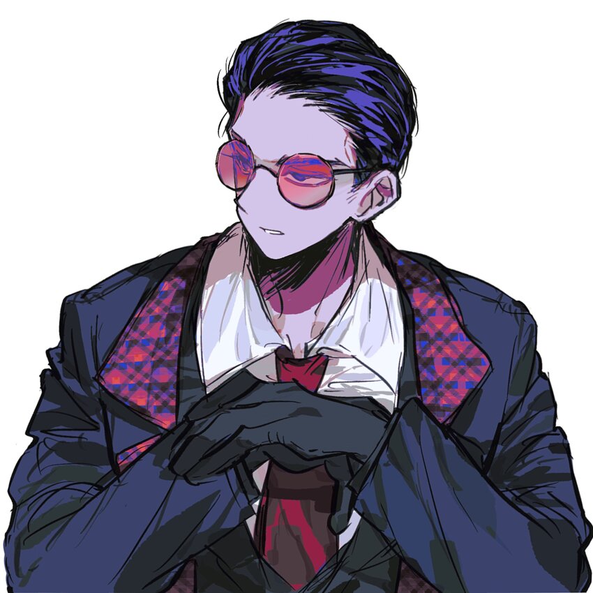 1boy anzekeye black_gloves black_vest blue_coat coat collared_shirt gloves gubo_(project_moon) hair_slicked_back hands_up highres lapels limbus_company long_sleeves necktie notched_lapels parted_lips plaid_lapels project_moon red-tinted_eyewear red_necktie shirt simple_background solo sunglasses tinted_eyewear vest white_background white_shirt