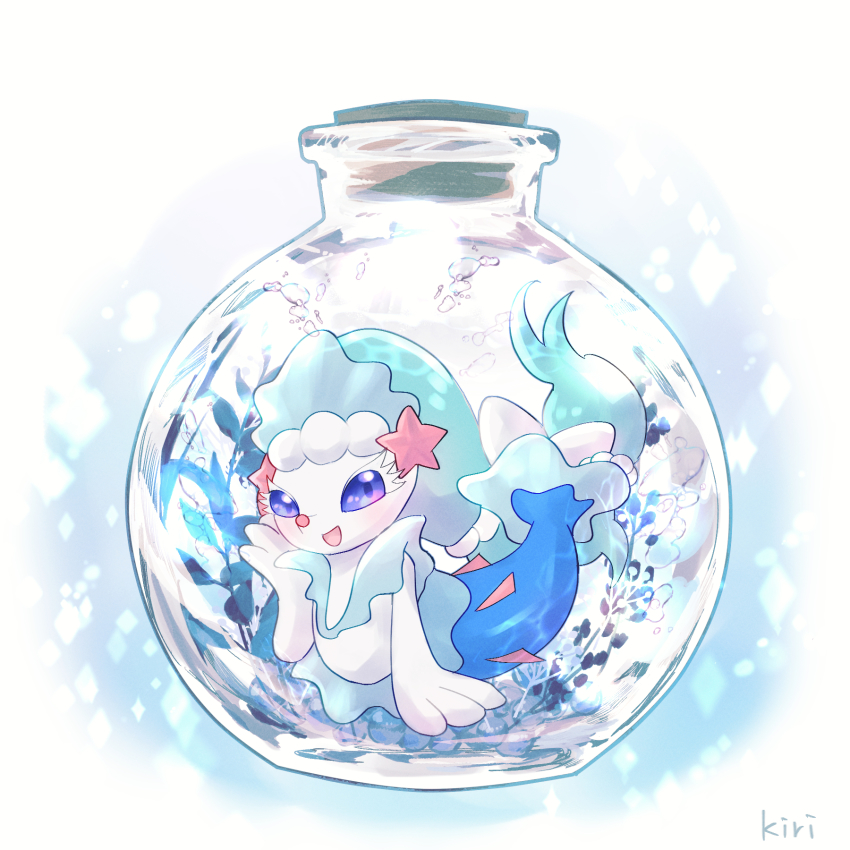 1girl animal_nose artist_name blue_background blue_eyes blue_hair blush bubble chibi colored_eyelashes colored_skin cork female_focus flask flat_chest full_body gen_7_pokemon gradient_background hand_on_own_cheek hand_on_own_face hand_up happy highres in_container kiri_leonotis long_hair mermaid monster_girl nintendo open_mouth pearl_hair_ornament pokemon pokemon_(creature) primarina signature smile snout solo starfish_hair_ornament very_long_hair volumetric_flask water white_skin