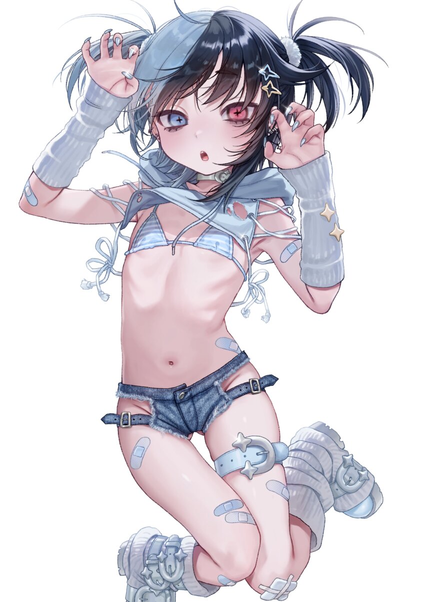 +_+ 1girl absurdres arm_warmers bandaid bandaid_on_leg bikini black_hair blue_eyes blue_hair blush boots claw_pose crop_top dancho dancho_(dancyo) denim denim_shorts fingernails flat_chest gauze_on_knee heterochromia highres kujirakawa_zoo looking_at_viewer multicolored_hair navel open_mouth original red_eyes ribs sharp_fingernails sharp_teeth short_shorts shorts solo split-color_hair swimsuit teeth thigh_gap twintails two-tone_hair
