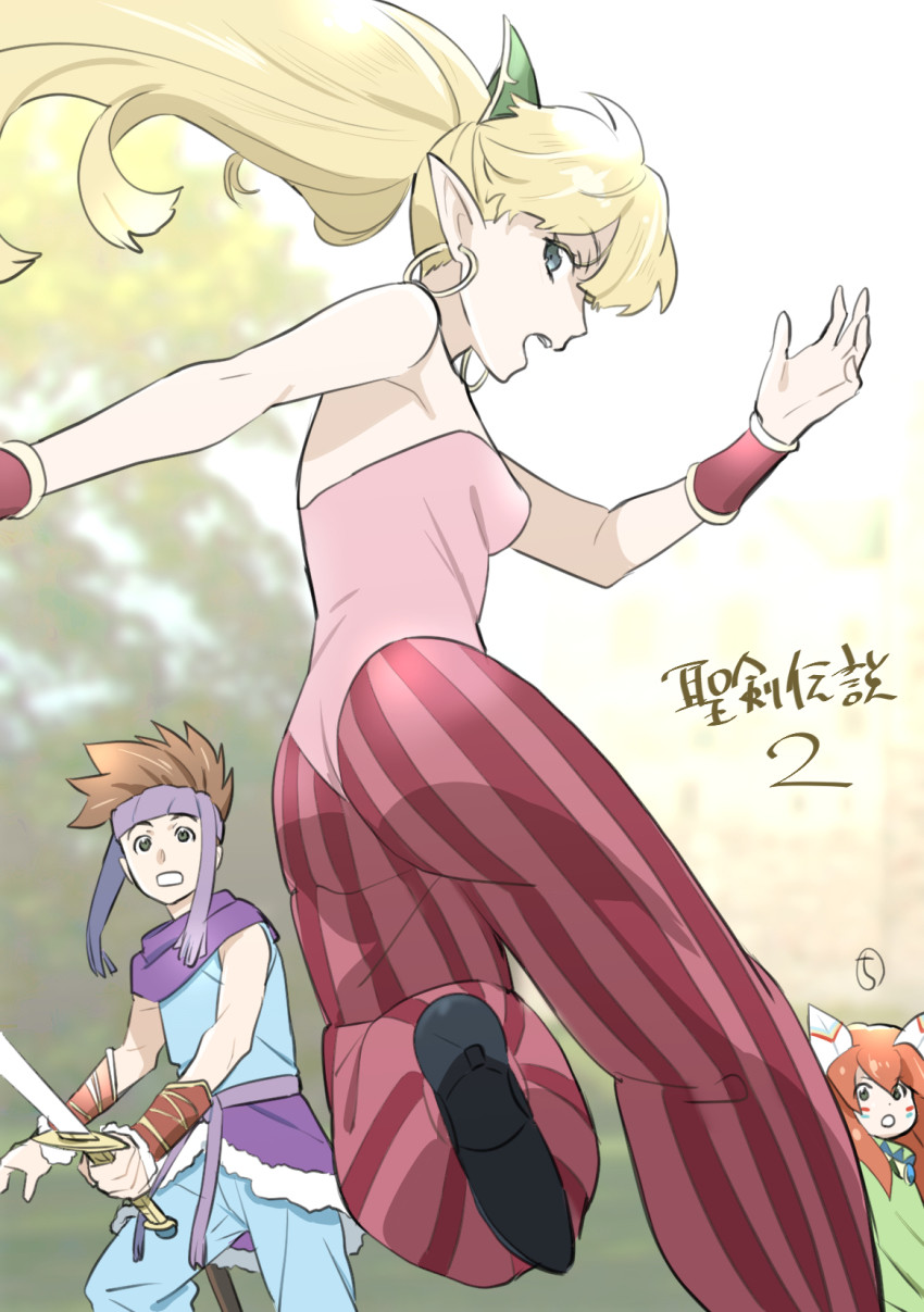 1boy 1girl 1other androgynous bare_shoulders blonde_hair blue_eyes breasts brown_hair earrings facepaint feather_hair_ornament feathers hair_ornament headband highres hoop_earrings jewelry kobayashi_chizuru long_hair looking_at_viewer open_mouth pointy_ears ponytail popoi_(seiken_densetsu_2) primm_(seiken_densetsu_2) randi_(seiken_densetsu_2) seiken_densetsu seiken_densetsu_2 simple_background spiked_hair sword weapon