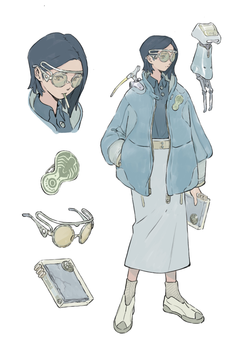 1girl absurdres arm_at_side black_hair blue_jacket blue_shirt chenrong96 closed_mouth collared_shirt glasses grey_footwear grey_skirt hand_in_pocket highres holding jacket long_skirt multiple_views original shirt short_hair simple_background skirt standing white_background