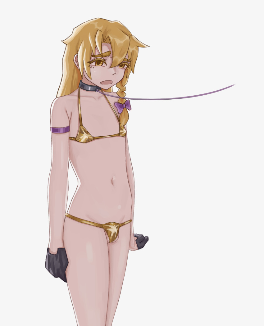 1boy absurdres bikini black_gloves blonde_hair bow braid bulge commentary_request cookie_(touhou) cowboy_shot genderswap genderswap_(ftm) gloves gold_bikini hair_bow highres kirisame_marisa leash long_hair male_focus nari-14 navel open_mouth purple_bow rei_(cookie) side_braid simple_background single_braid solo swimsuit touhou trap variant_set white_background yellow_eyes