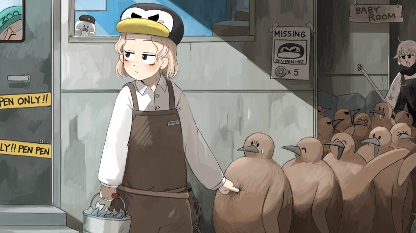 3girls :o absurdres bags_under_eyes bird black_overalls black_scarf blush borrowed_clothes brown_overalls bucket commentary diva_(hyxpk) donut_stamp door duck english_commentary english_text eyebags_keeper_(diva) fish green_hat grey_hair hat highres holding holding_bucket multiple_girls overalls penguin penguin_chick penguin_hat penguin_keeper_(diva) poking_belly poster_(object) scarf seal_keeper_(diva) seal_puppet shirt short_hair slice_of_life white_shirt zoo zookeeper zookeepers_(diva)