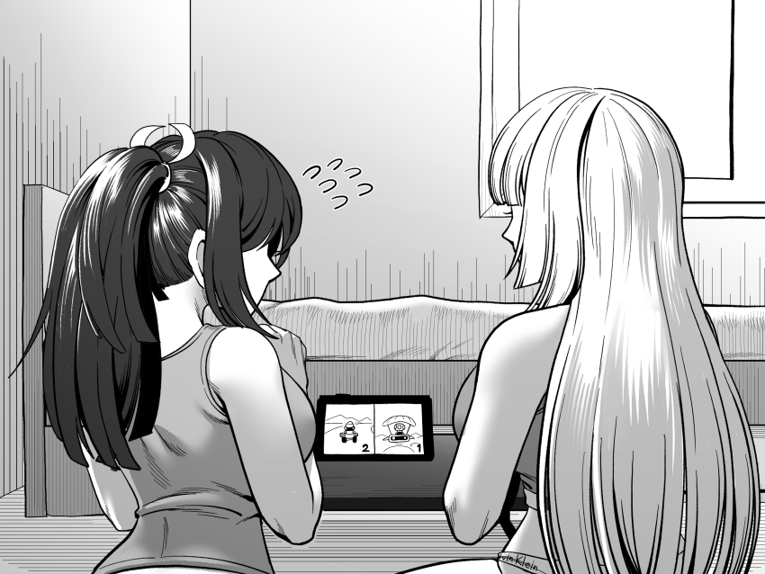 1futa 1girl absurdres bed bedroom breasts capcom emilie_de_rochefort futanari highres large_breasts long_hair medium_breasts monochrome nintendo nintendo_switch ponytail shiranui_mai sitting snk tekken tekkin_papa video_game