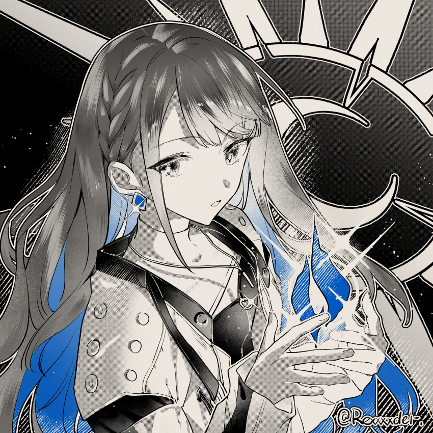 1girl absurdres artist_name azusawa_kohane blue_gemstone braid colored_inner_hair earrings eyelashes fingernails gem greyscale highres jewelry jingzhaowhale long_hair looking_at_viewer monochrome multicolored_hair open_hands parted_lips project_sekai screentones solo spot_color square twitter_username upper_body