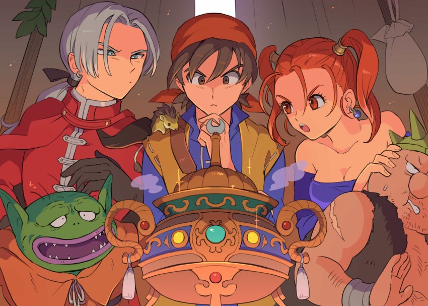 1girl 1other 3boys animal animal_on_shoulder bandana bare_shoulders breasts brown_eyes brown_hair cape cleavage closed_mouth commentary_request corset dragon_quest dragon_quest_viii earrings gloves goblin hero_(dq8) highres jessica_albert jewelry kukuru_(dq8) looking_at_object multiple_boys noshima open_mouth purple_shirt red_hair shirt short_hair square_enix straight-on strapless twintails yangus