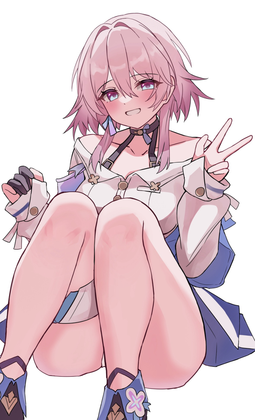 1girl ass black_choker black_gloves blue_eyes blue_jacket blue_ribbon blue_shoes blush breasts choker collarbone gloves gradient_ribbon grin hair_intakes half_gloves highres honkai:_star_rail honkai_(series) jacket knees_up large_breasts long_sleeves looking_at_viewer march_7th_(honkai:_star_rail) march_7th_(preservation)_(honkai:_star_rail) medium_hair multicolored_eyes pink_eyes pink_hair pink_ribbon ribbon ribbon_earrings rumi_(xafv5772) shirt shoes simple_background single_half_glove sitting sleeves_past_wrists smile solo thighs two-tone_eyes w white_background white_shirt