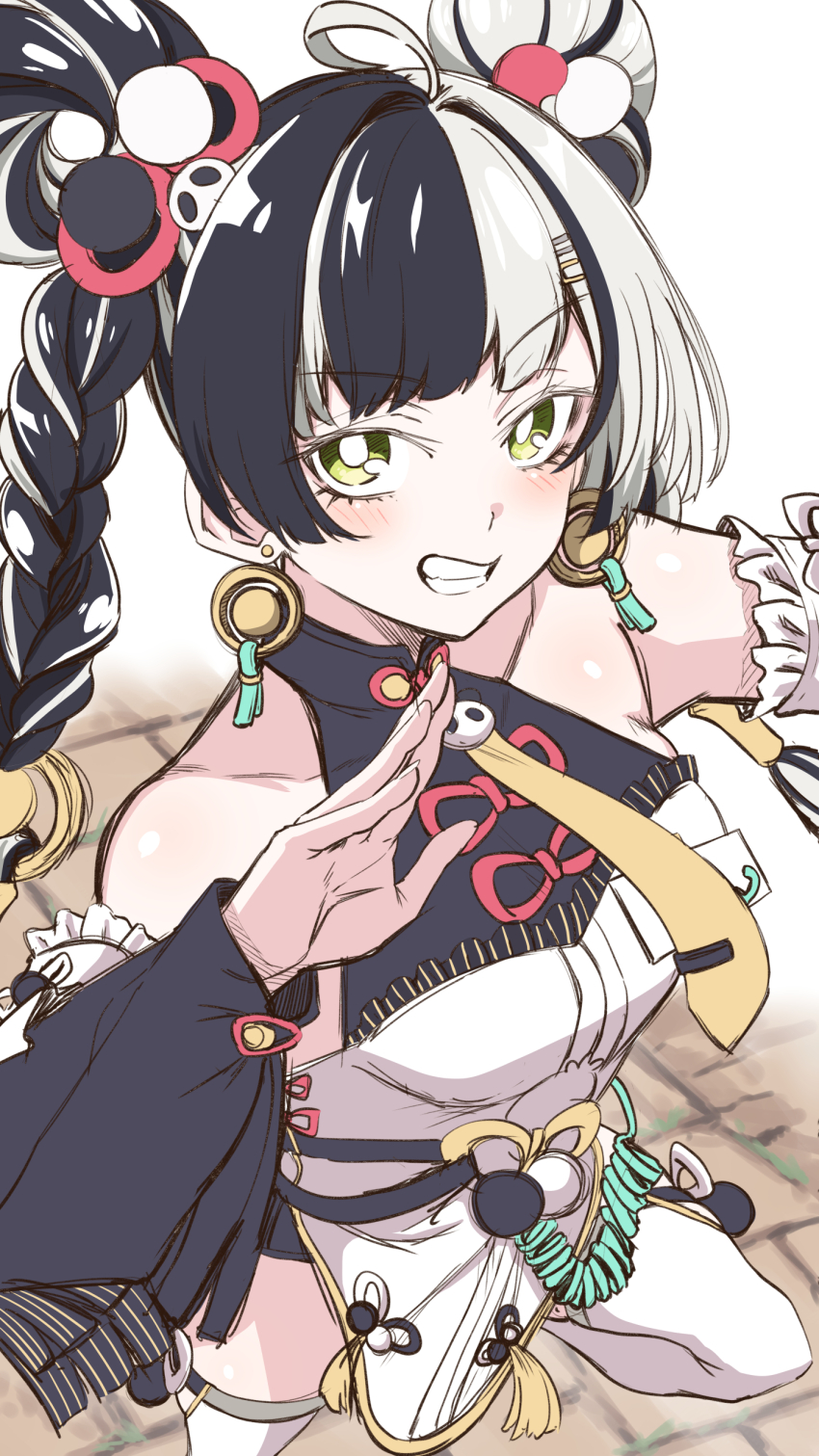 1girl absurdres ahoge alternate_eye_color bare_shoulders black_hair blurry blurry_background blush braid braided_twintails china_dress chinese_clothes collarbone cowboy_shot detached_sleeves dialyn_(zenless_zone_zero) double_bun dress earrings green_eyes grin hair_bun hair_extensions hair_ornament hairclip highres id_card jewelry long_hair looking_at_viewer multicolored_hair necktie outdoors panda_hair_ornament pelvic_curtain ring_hair_extensions sakura_kanawo simple_background smile solo split-color_hair standing standing_on_one_leg thighhighs white_background white_dress white_hair white_thighhighs wire yellow_necktie zenless_zone_zero