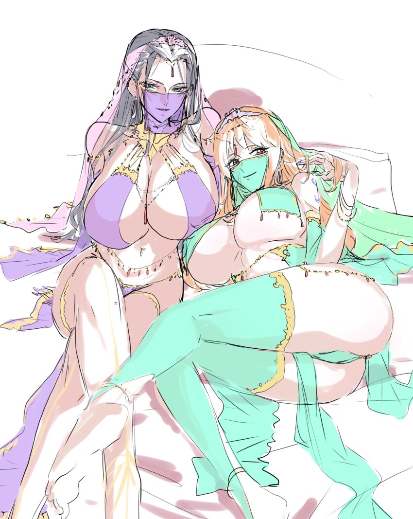 2girls aqua_thighhighs aqua_veil arabian_clothes bangle bare_shoulders barefoot belly_chain black_hair blue_eyes body_jewelry bracelet breasts brown_eyes cleavage closed_mouth commentary_request crossed_legs dancer detached_sleeves earrings feet_out_of_frame gold_trim harem_outfit highres jewelry large_breasts loincloth long_hair looking_at_viewer lying midriff mogi_yasunobu mouth_veil multiple_girls nami_(one_piece) navel nico_robin on_side one_piece orange_hair parted_bangs parted_lips pelvic_curtain pillow purple_veil see-through_clothes see-through_veil shoulder_tattoo sitting sketch smile tattoo thighhighs tiara underboob veil