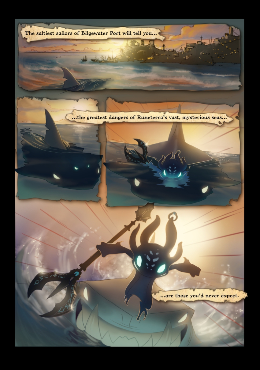 1boy chomper city city_lights comic english_text fizz_(league_of_legends) glowing glowing_eyes highres league_of_legends monster_boy panorama polearm shark ship trident watercraft weapon