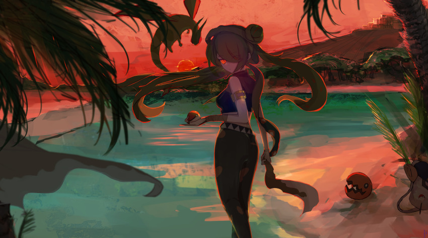 1girl aoidelan9 backpack bag breasts desert double_bun evening floating_hair flygon gen_3_pokemon green_hair green_pants green_pupils ground_miku_(project_voltage) hair_between_eyes hair_bun hatsune_miku highres lake long_hair looking_at_viewer medium_breasts nintendo oasis palm_tree pants poke_ball poke_ball_(basic) pokemon pokemon_(creature) project_voltage red_eyes trapinch tree twintails vocaloid