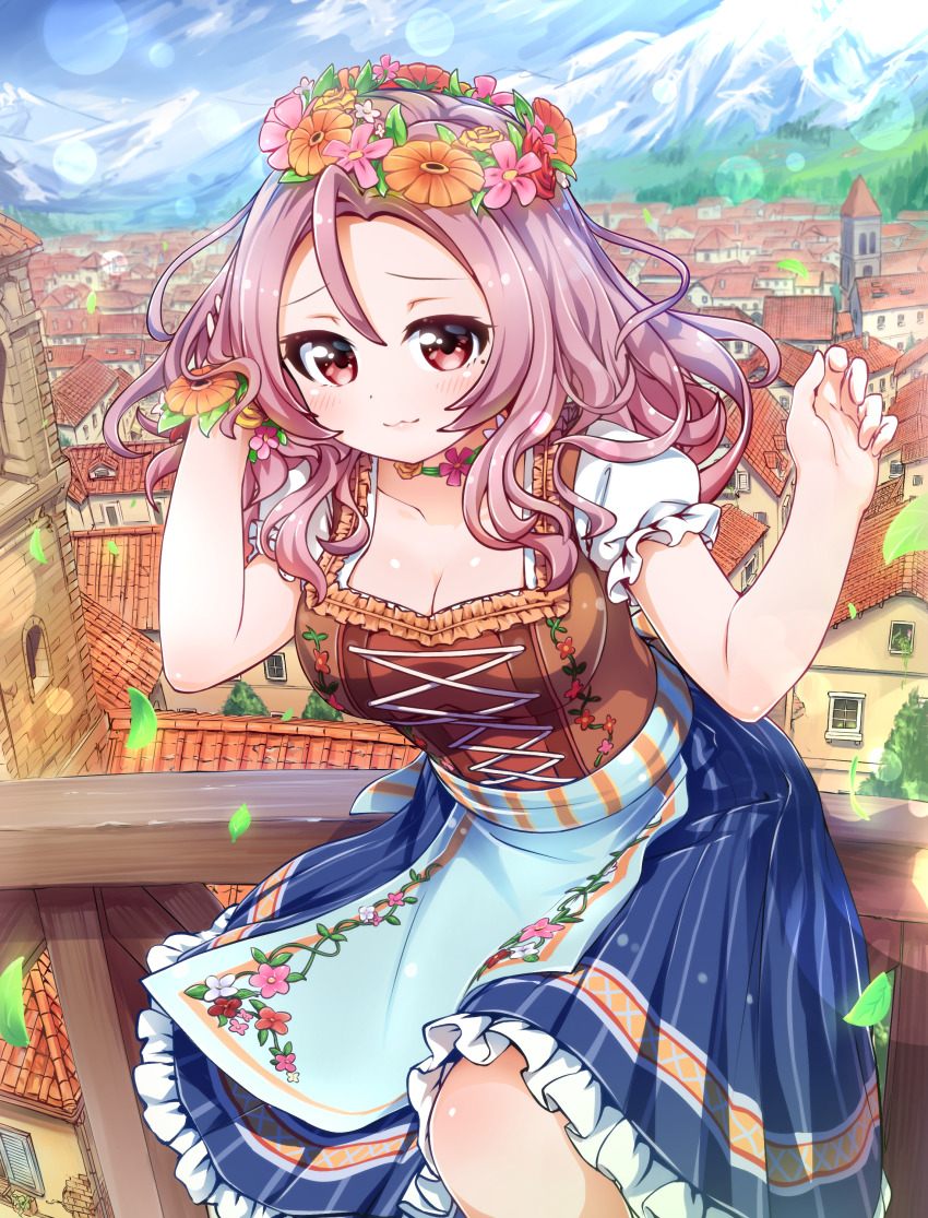 1girl :3 absurdres battle_girl_high_school blue_skirt city clip_studio_paint_(medium) collarbone day frilled_skirt frills head_wreath highres long_hair looking_at_viewer mountain outdoors puffy_short_sleeves puffy_sleeves serizawa_renge short_sleeves skirt solo tamanegi_(12030028)