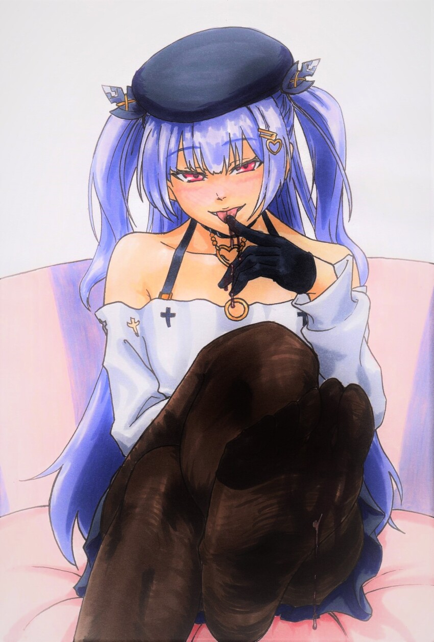 1girl ajax_(azur_lane) ajax_(valentine&#039;s_reward?)_(azur_lane) alpen_no_koyari azur_lane bare_shoulders beret black_gloves chocolate_on_foot couch crossed_legs finger_to_mouth food_focus gloves hat highres no_shoes on_couch red_eyes shirt sitting solo tegaki traditional_media two_side_up white_shirt