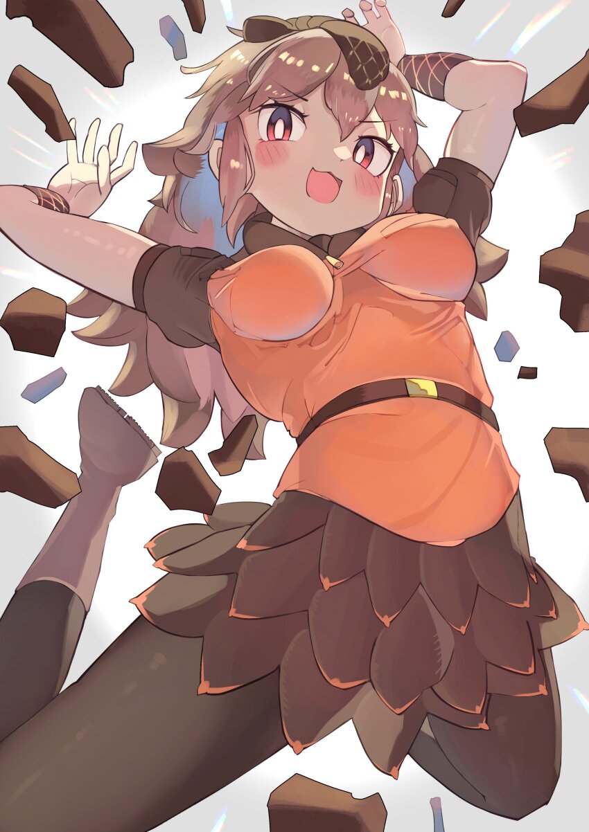 1girl absurdres animal_ears belt boots brown_eyes brown_hair extra_ears grey_background hat highres hood hoodie kemono_friends long_hair looking_at_viewer osnmykk pangolin_ears pangolin_tail pantyhose simple_background skirt solo tail temminck&#039;s_pangolin_(kemono_friends) wristband