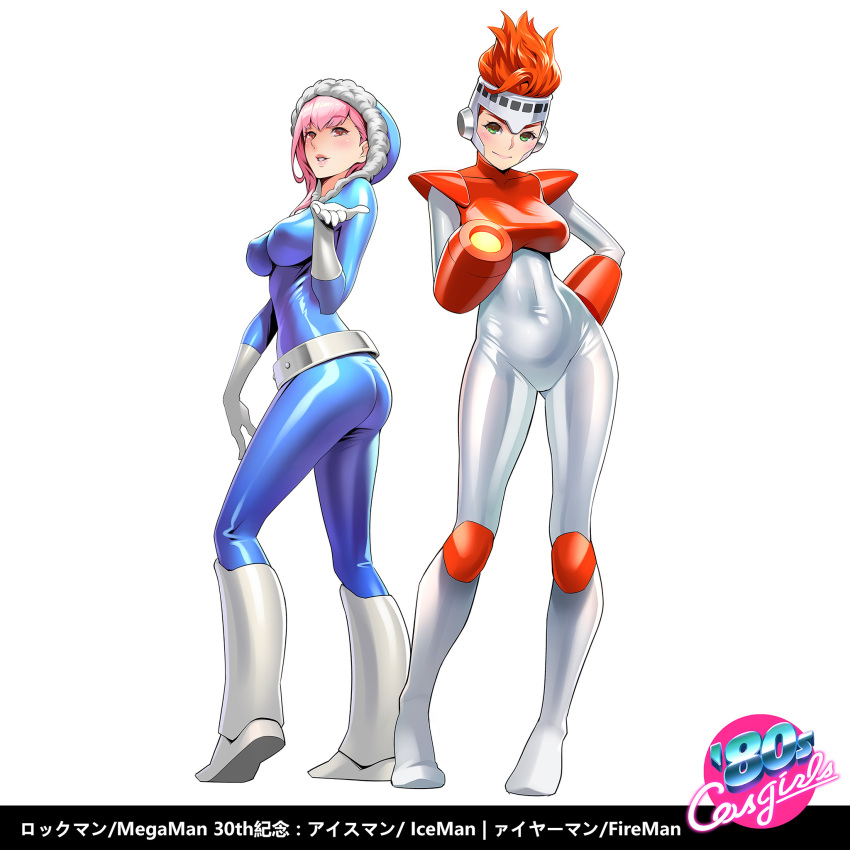 &gt;:) 2girls arm_cannon ass belt belt_skirt blue_bodysuit blush bodysuit boots breasts character_name closed_mouth copyright_name covered_erect_nipples covered_navel elbow_gloves fire_man from_side full_body fur_trim genderswap genderswap_(mtf) gloves gluteal_fold green_eyes grey_gloves hand_on_own_hip hand_up headgear highres hood hood_up ice_man knee_boots knee_pads light_smile lips long_hair looking_at_viewer looking_to_the_side medium_breasts mega_man_(classic) mega_man_(series) mega_man_1 multiple_girls one3four! parted_lips pink_hair red_eyes red_hair rockman_(game) shiny_clothes short_hair shoulder_pads skin_tight smile standing tareme v-shaped_eyebrows weapon white_footwear