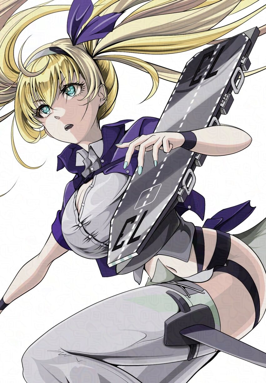 1girl agano_class_no3 blonde_hair blue_eyes blue_jacket blush breasts collared_shirt flight_deck gambier_bay_(kancolle) gambier_bay_mk_ii_(kancolle) grey_thighhighs hair_between_eyes hairband half-skirt highres jacket kantai_collection large_breasts long_hair multicolored_hairband navel open_mouth shirt skirt thighhighs twintails white_shirt