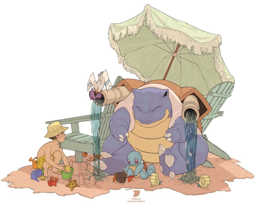1boy artist_name barefoot blastoise brown_hair bucket building_sand_sculpture chair claws closed_eyes commentary dwebble english_commentary francesco_di_mauro gen_1_pokemon gen_3_pokemon gen_5_pokemon hat highres krabby lounge_chair male_focus nintendo omanyte pokemon pokemon_(creature) pouring sand sand_bucket sand_castle sand_sculpture shellder short_hair shorts sitting squatting squirtle staryu toes topless_male water wingull yellow_headwear yellow_shorts