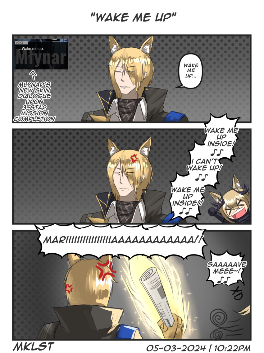 1boy 1girl anger_vein angry animal_ears arknights blemishine_(arknights) english_text evanescence highres holding holding_newspaper horse_boy maikeruexe meme mlynar_(arknights) mlynar_(w_dali)_(arknights) mlynar_(w_dali)_(arknights) music newspaper rolled_up_newspaper singing uncle_and_niece wake_me_up_inside_(meme)