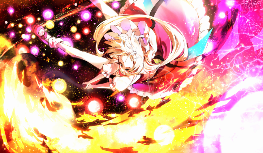 1girl absurdres blonde_hair bow calpis118 crystal crystal_wings danmaku dress fire flandre_scarlet full_body highres laevatein_(touhou) long_hair mary_janes open_mouth pointy_ears red_eyes ribbon shoes skirt smile solo spell_card thighhighs touhou wings
