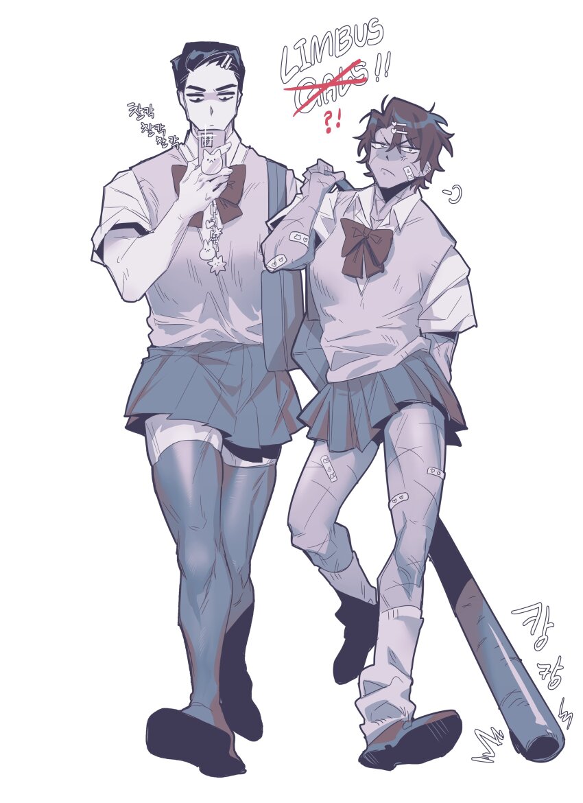 2boys absurdres bag bandaid bandaid_on_arm bandaid_on_cheek bandaid_on_face bandaid_on_leg baseball_bat bow bowtie cellphone_charm charm_(object) collared_shirt crossdressing greyscale hair_ornament hairpin heathcliff_(project_moon) highres holding holding_bag holding_baseball_bat holding_phone holding_weapon leg_warmers limbus_company meursault_(project_moon) monochrome multiple_boys multiple_scars nyak_138 phone pleated_skirt project_moon scar school_uniform shirt skirt thighhighs vest weapon
