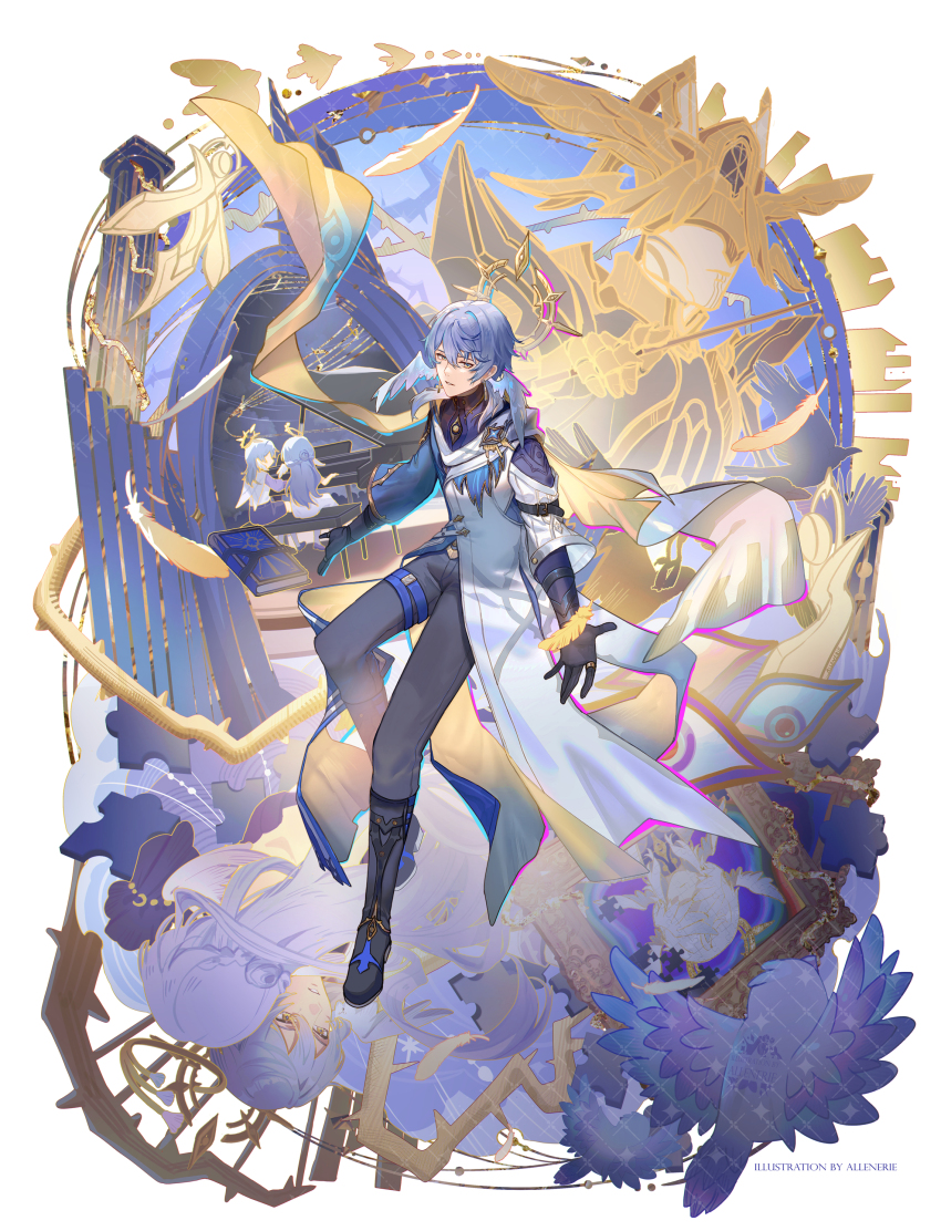 1boy 1girl absurdres aged_down allenerie black_gloves black_pants black_shoes blue_coat blue_hair blue_pupils brother_and_sister coat earrings gloves gold_earrings gold_trim grin highres honkai:_star_rail honkai_(series) jewelry male_focus outstretched_arms pants ring robin_(honkai:_star_rail) septimus_(honkai:_star_rail) shoes short_hair siblings smile solo_focus sunday_(honkai:_star_rail) teeth white_background white_coat yellow_eyes