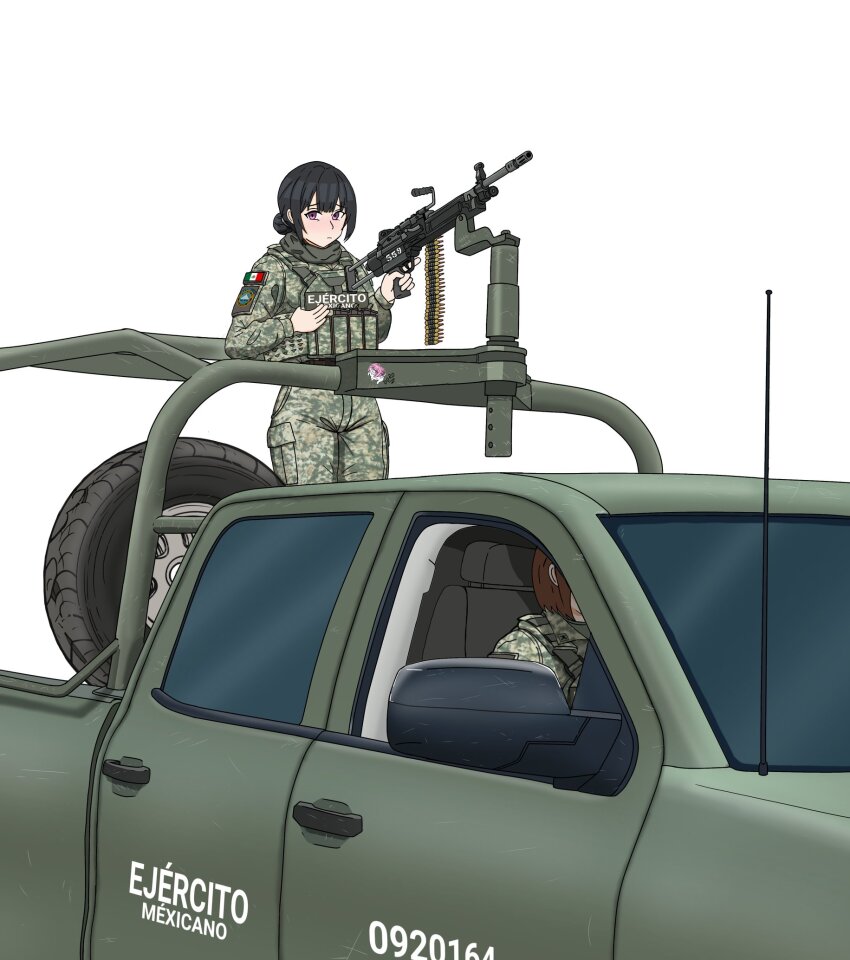 2girls black_hair brown_hair commentary doro_(nikke) fn_minimi goddess_of_victory:_nikke gun highres holding holding_pointer looking_at_viewer machine_gun manually-operated_mounted_gun mexican_army mexican_flag mexico military_combat_uniform military_fatigues military_truck military_uniform military_vehicle motor_vehicle multiple_girls mx_waifus on_truck original pickup_truck pointer radio_antenna road_sign short_hair sign simple_background soldier spanish_commentary spanish_text spare_tire truck unused_tire weapon white_background