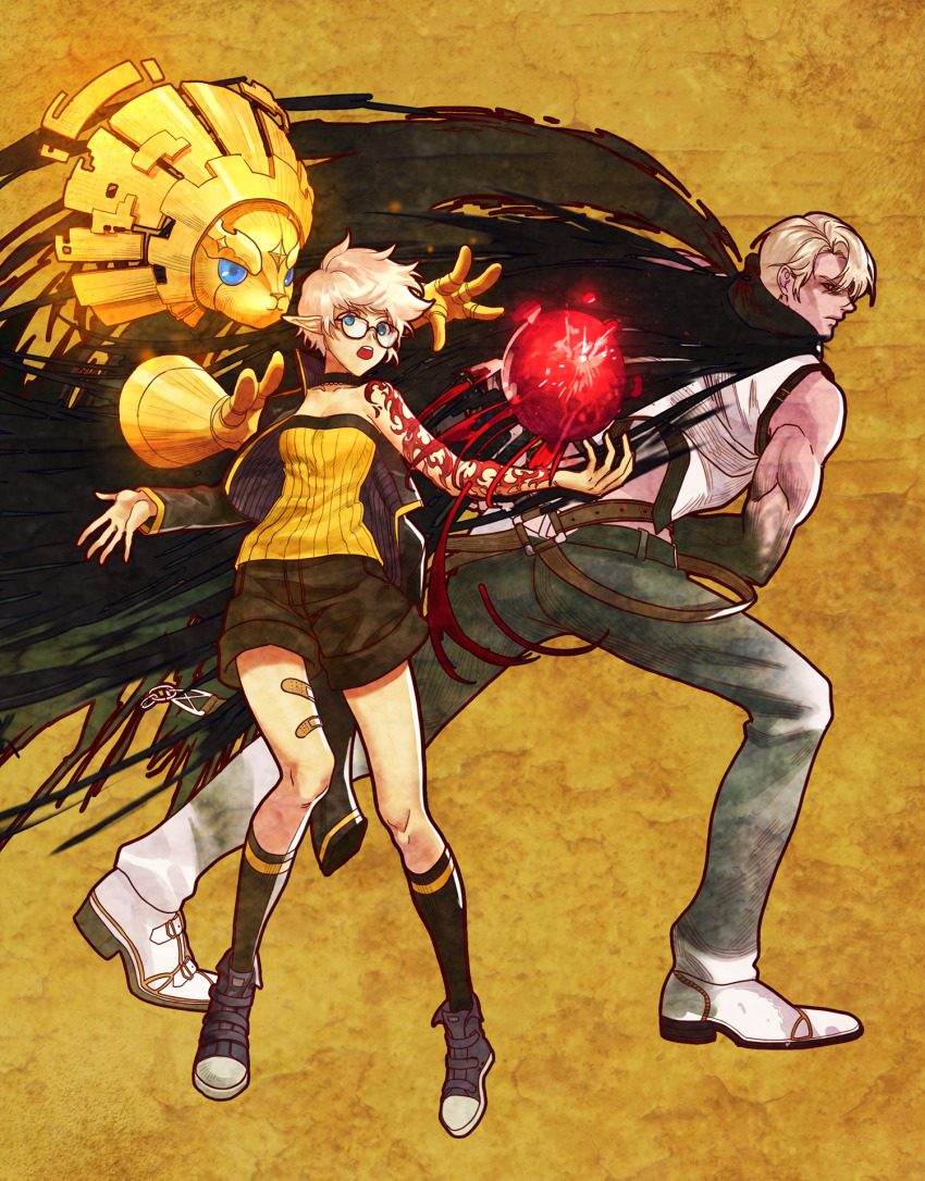 1boy 1girl bandaid_on_thigh bare_shoulders belt black_cloak black_jacket black_shorts black_socks blonde_hair blue_eyes boots breasts brown_belt casting_spell character_request cleavage cloak closed_mouth collarbone commentary dungeon_and_fighter english_commentary from_behind full_body glasses grey_boots grey_pants highres jacket looking_to_the_side open_clothes open_jacket open_mouth pants pointy_ears red_eyes shirt shoes short_hair shorts single_bare_shoulder small_breasts socks tank_top teeth toned toned_male torn_cloak torn_clothes upper_teeth_only ven0305 white_hair white_shoes white_tank_top yellow_background yellow_shirt