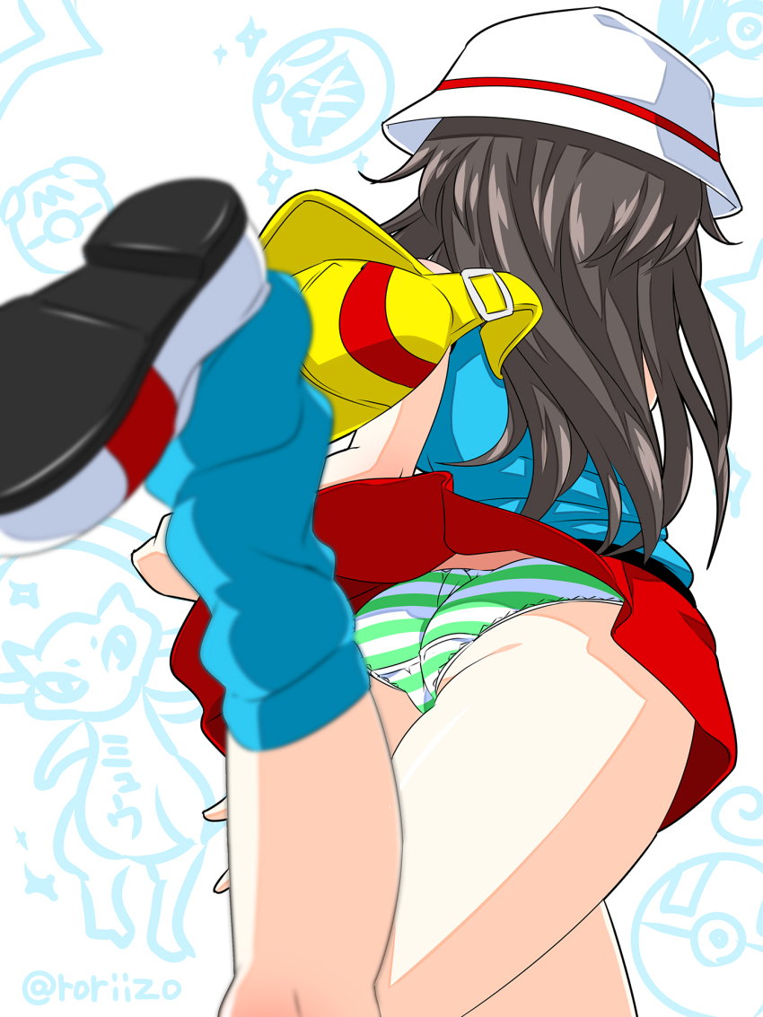 1girl animal ass bag blue_shirt blue_socks brown_hair cat energy_(pokemon_tcg) from_behind gen_1_pokemon hat highres lace lace-trimmed_panties lace_trim leaf_(pokemon) leaning_forward legendary_pokemon long_hair loose_socks master_ball mew_(pokemon) mythical_pokemon nintendo panties poke_ball pokemon pokemon_(creature) pokemon_frlg red_skirt roriizo shirt shoes skirt socks sparkle standing standing_on_one_leg star_(symbol) striped_clothes striped_panties tank_top throwing ultra_ball underwear white_background white_hat white_panties white_shoes wind wind_lift