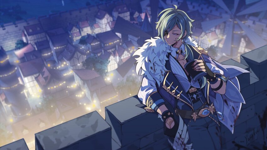 1boy against_wall antenna_hair armband artist_name belt black_gloves blood blood_on_clothes blood_on_face blood_splatter blue_armband blue_cape blue_hair blue_pants blue_vest blurry blurry_background bracelet brown_belt building canteen cape cleavage_cutout closed_mouth clothing_cutout collared_shirt commentary cowboy_shot dark-skinned_male dark_skin earrings english_commentary eyepatch fingerless_gloves flask fur-trimmed_cape fur_trim genshin_impact gloves gold_trim hair_over_shoulder hand_up holding holding_canteen holding_flask house jewelry kaeya_(genshin_impact) lapels long_hair looking_back lucylee158 male_focus night one_eye_covered outdoors pants parted_bangs purple_eyes shirt sidelocks signature single_earring sleeves_rolled_up smile solo spiked_bracelet spikes standing stone_wall swept_bangs tree vest white_shirt windmill wing_collar
