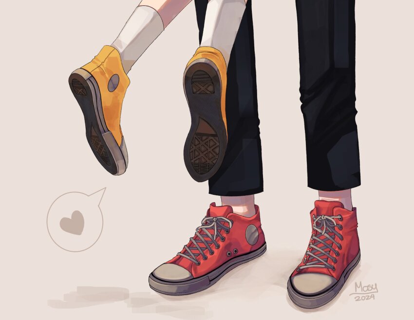 1boy 1girl black_pants commentary couple dated english_commentary feet_only flying footwear_focus heart height_difference highres implied_kiss lower_body lum moroboshi_ataru mosyart pants red_shoes shoe_soles shoes sneakers socks speech_bubble spoken_heart urusei_yatsura white_socks yellow_shoes