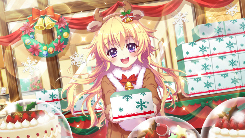 1girl animal_costume antlers bell blonde_hair blush bow bowtie brick_wall cake christmas_wreath dot_nose dutch_angle figure film_grain food game_cg hasegawa_mii hat horns incoming_gift izumi_tsubasu lens_flare long_hair long_sleeves looking_at_viewer merry_christmas non-web_source official_art open_mouth painting_(object) purple_eyes re:stage! red_bow red_bowtie reindeer_antlers reindeer_costume santa_hat smile snowflake_print solo sparkle sparkling_eyes star_(symbol) straight-on strawberry_cake teeth upper_teeth_only window wooden_beam wreath