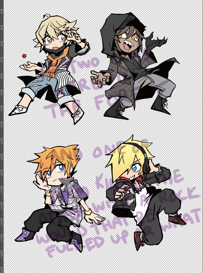 4boys ahoge bito_daisukenojo black_coat black_hoodie black_mask black_pants blonde_hair blue_eyes brown_eyes chain chain_necklace coat dark-skinned_male dark_skin denim face_mask facial_mark grey_hair grey_jacket hair_over_one_eye hand_on_headphones headphones highres hood hood_up hooded_jacket hoodie jacket jeans jewelry kanade_rindou long_coat male_focus mask minamimoto_sho mouth_mask multiple_boys necklace orange_hair orange_hoodie pants sakuraba_neku shin_subarashiki_kono_sekai shirt spiked_hair subarashiki_kono_sekai sweatpants torn_clothes torn_jeans torn_pants whisker_markings white_footwear white_shirt wristband yellow_eyes zipper zipper_pull_tab