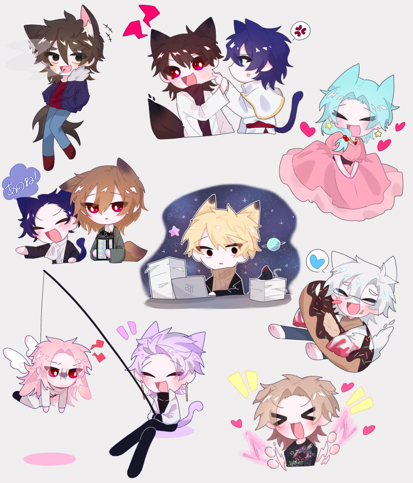 &gt;_&lt; 1girl 6+boys :d absurdres anger_vein animal_ears ascot atou_haruki black_eyes black_pants black_shirt black_sweater black_vest blonde_hair blood blood_on_clothes blue_hair blue_jacket blue_pants blush_stickers brown_hair brown_shirt brown_sweater capelet cat_boy cat_ears cat_girl cat_tail character_print closed_eyes collared_shirt commentary_request dark_blue_hair deformed dita_iliner dog_boy dog_ears dress earrings enomoto_noa fishing_rod fox_boy fox_ears fox_tail fur-trimmed_jacket fur_trim godzylla_(saibou_shinkyoku) gold_trim green_jacket grey_background hair_bobbles hair_ornament harada_minoru harada_mutei hatsutori_hajime heart heart_necklace highres hikyaku_same holding holding_fishing_rod isoi_reiji jacket jewelry kanou_aogu kemonomimi_mode light_blue_hair long_hair lop_rabbit_ears male_focus medium_hair meme multiple_boys necklace notice_lines open_clothes open_jacket open_mouth pants paper_stack parted_bangs pink_dress pink_hair print_shirt puffy_short_sleeves puffy_sleeves purple_hair rabbit_boy rabbit_ears red_eyes red_shirt ribbed_sweater saibou_shinkyoku shinano_eiji shirt short_sleeves simple_background single_blush_sticker smile smoking space_cat_(meme) spoken_anger_vein star_(sky) star_(symbol) star_earrings sweater tail theodore_riddle translation_request turtleneck turtleneck_sweater utsugi_noriyuki utsugi_rangiri vest white_ascot white_capelet white_hair white_jacket white_pants white_shirt white_wings wings