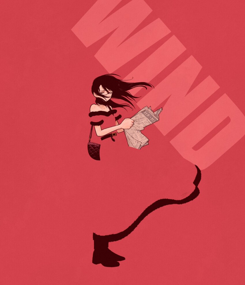 1girl bag bare_shoulders belt black_bag black_hair black_shoes blending dress english_text highres holding holding_newspaper long_hair newspaper original red_background red_dress shoes short_sleeves shoulder_bag simple_background solo syooooyoooo wind