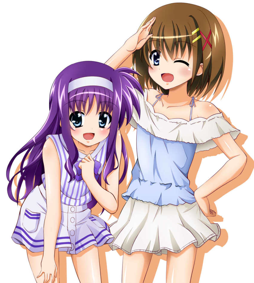 2girls ;d blue_eyes brown_hair collarbone cowboy_shot hair_between_eyes hair_ornament hairband hand_on_lap hand_on_own_hip highres leaning_forward long_hair looking_at_viewer lyrical_nanoha mahou_shoujo_lyrical_nanoha miniskirt multiple_girls one_eye_closed open_mouth purple_hair salute shiny_skin shirt short_hair simple_background skirt sleeveless sleeveless_shirt smile standing striped_clothes striped_shirt tsukimura_suzuka vertical-striped_clothes vertical-striped_shirt very_long_hair white_background white_hairband white_skirt x_hair_ornament yagami_hayate yorousa_(yoroiusagi)