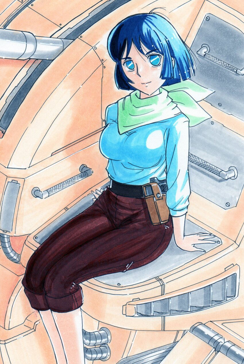 1girl absurdres belt black_pants blue_eyes blue_hair blue_shirt breasts green_neckerchief gun handgun hayami_jin highres holster long_sleeves looking_at_viewer maria_maria mecha medium_breasts neckerchief pants robot sentou_mecha_xabungle shirt short_hair sitting solo weapon
