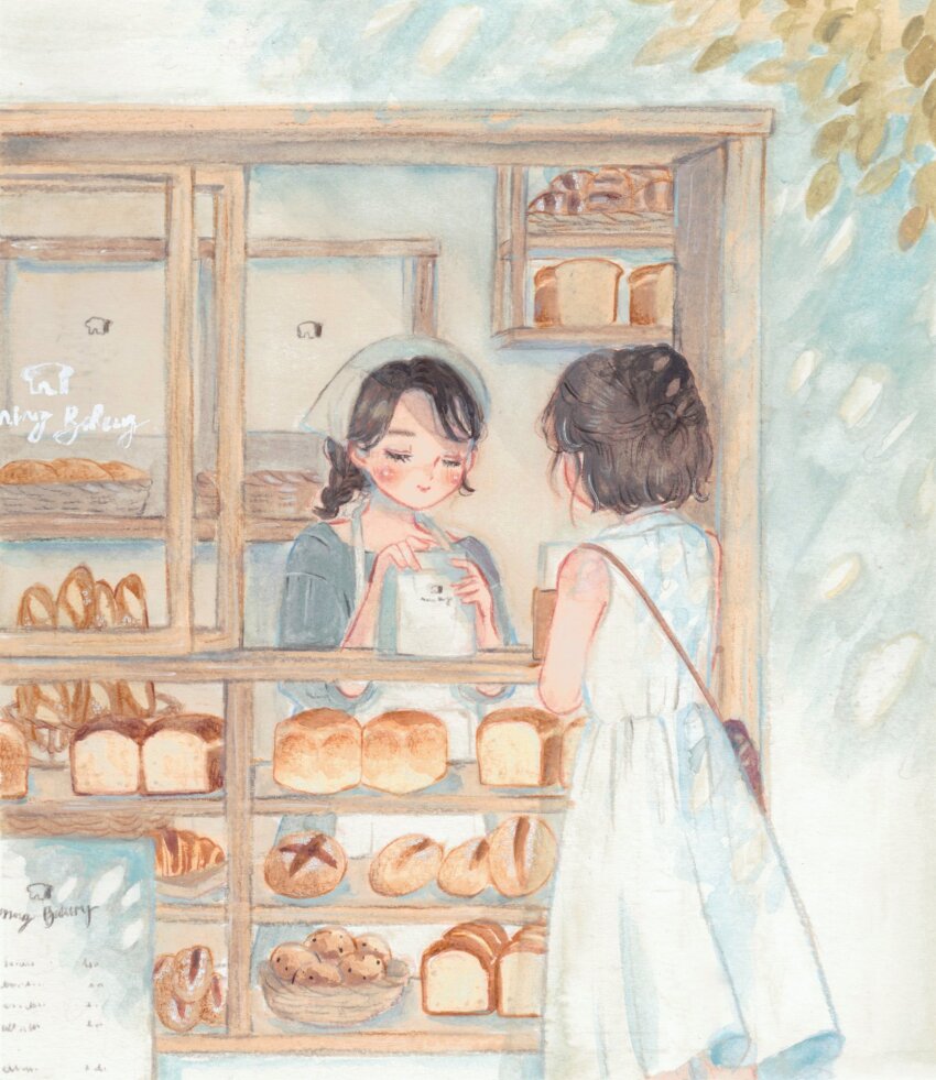2girls bag bakery bread brown_bag brown_hair carrie_(carriedraw) display_case dress food handbag highres looking_at_another multiple_girls original paper_bag shelf shop sundress white_dress