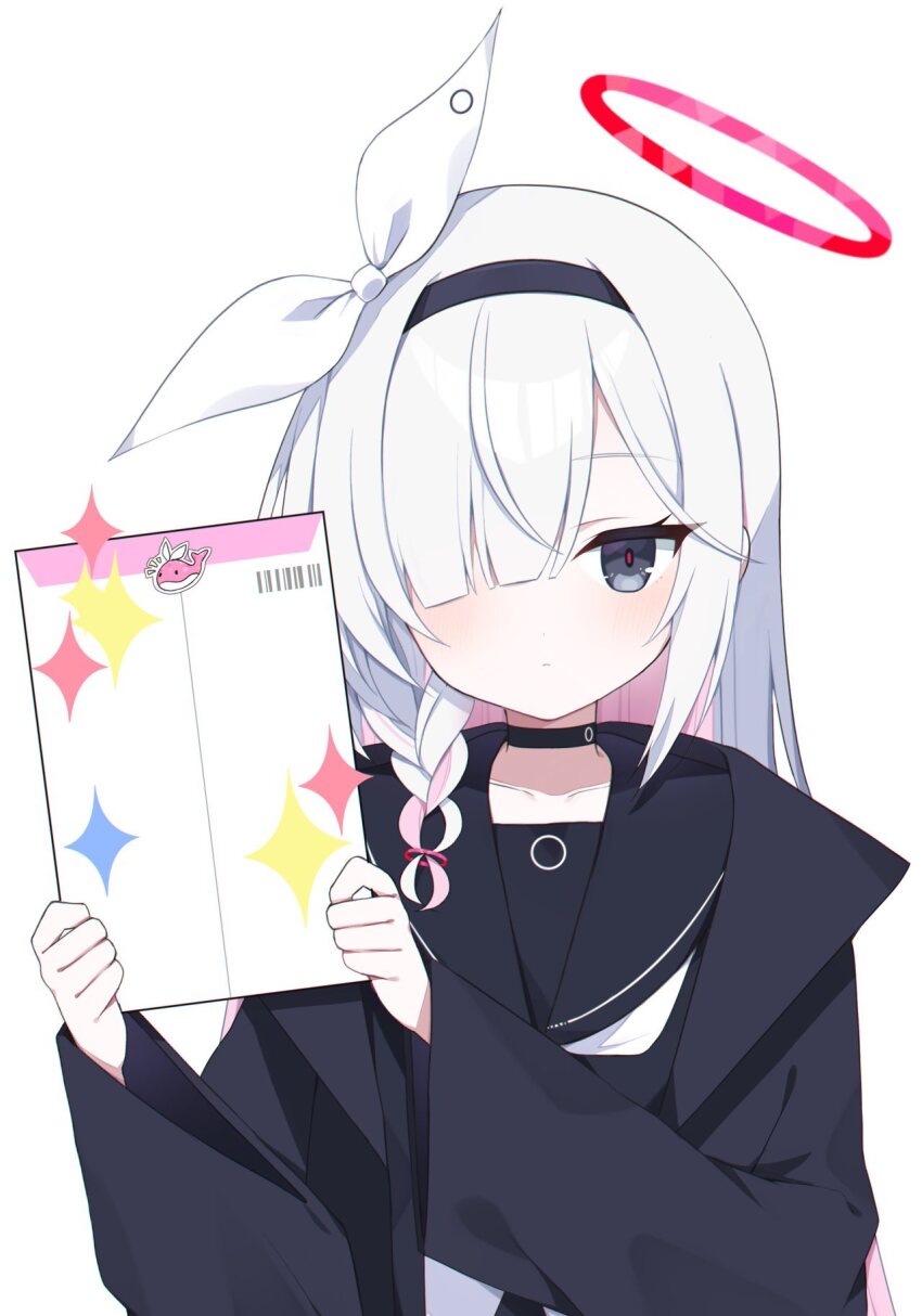 1girl black_choker black_coat black_eyes black_hairband black_sailor_collar black_serafuku blue_archive blush choker closed_mouth coat colored_inner_hair hair_over_one_eye hairband halo highres long_hair long_sleeves looking_at_viewer multicolored_hair murase48 neckerchief pink_hair plana_(blue_archive) red_halo sailor_collar school_uniform serafuku simple_background solo upper_body white_background white_hair white_neckerchief wide_sleeves