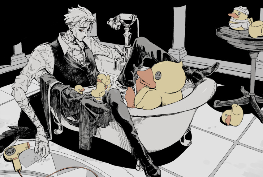 1boy alva_lorenz b.duck b.duck_(character) bandaged_arm bandaged_hand bandaged_neck bandages bathtub button_eyes buttons closed_mouth collared_shirt colored_sclera dripping full_body hair_dryer identity_v in_bathtub jewelry looking_ahead male_focus michiru_(amphibian) necklace open_clothes pants partially_colored rubber_duck rug scar scar_on_hand shirt shoes short_hair spot_color table vest water wet wet_clothes wet_hair yellow_eyes