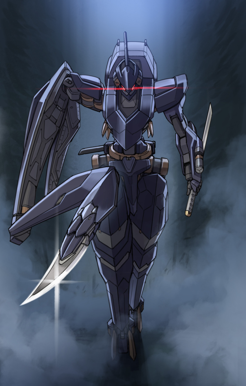 absurdres armor facing_viewer fog forest gleam glowing glowing_eyes highres holding holding_weapon mecha mecha_focus nature night original reverse_grip robot science_fiction scythe sheath short_sword shoulder_armor solo sword tantou walking_towards_viewer weapon zen_(jirakun)