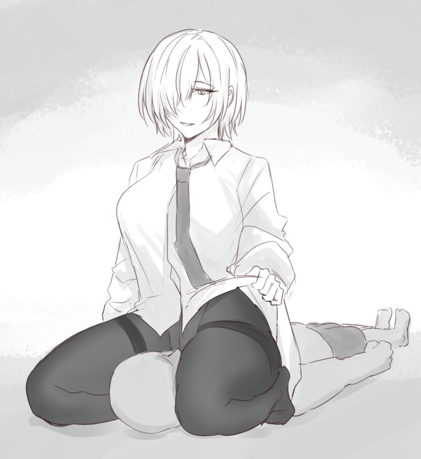 1boy 1girl boxers breasts clothes_lift collared_shirt commentary crotch_seam dress_shirt english_commentary full_body grey_background greyscale hair_over_one_eye highres large_breasts male_underwear maven_(madeinheaven_23) monochrome necktie no_shoes original panties panties_under_pantyhose pantyhose shirt shirt_lift short_hair simple_background sitting sitting_on_face sitting_on_person sketch smile thighband_pantyhose thighs underwear